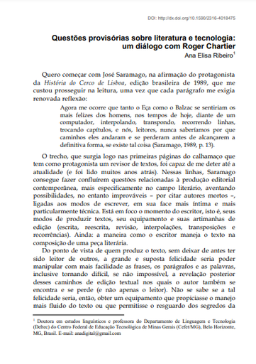 Questões provisórias sobre literatura e tecnologia: um diálogo com Roger Chartier