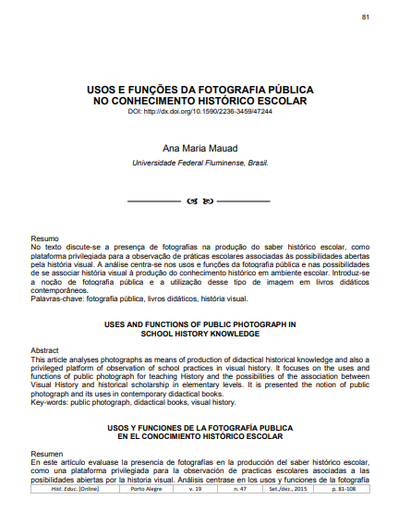 USOS E FUNÇÕES DA FOTOGRAFIA PÚBLICA NO CONHECIMENTO HISTÓRICO ESCOLAR