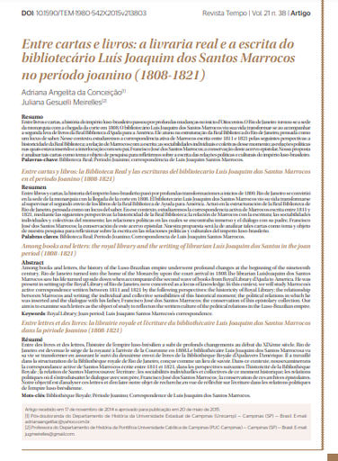 Entre cartas e livros: a livraria real e a escrita do bibliotecário Luís Joaquim dos Santos Marrocos no período joanino (1808-1821)