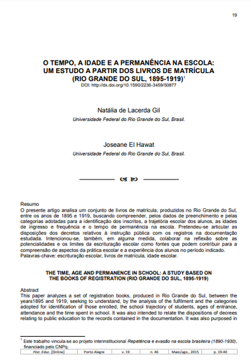 O tempo, a idade e a permanência na escola: um estudo a partir dos livros de matrícula (Rio Grande do Sul, 1895-1919)