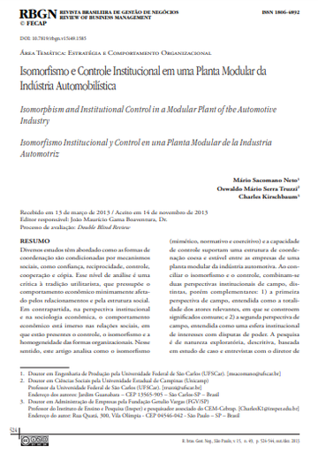Isomorfismo e Controle Institucional em uma Planta Modular da Indústria Automobilística
