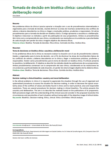 Tomada de decisão em bioética clínica: casuística e deliberação moral