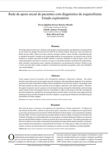 Rede de apoio social de pacientes com diagnóstico de esquizofrenia: estudo exploratório
