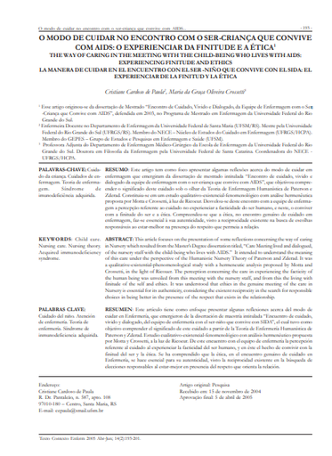 O modo de cuidar no encontro com o ser-criança que convive com aids: o experienciar da finitude e a ética