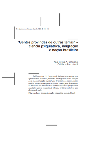 “Gentes provindas de outras terras” – ciência psiquiátrica, imigração e nação brasileira