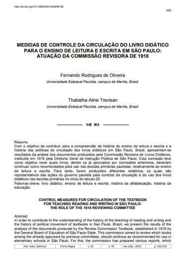 Medidas de controle da circulação do livro didático para o ensino de leitura e escrita em São Paulo: atuação da commissão revisora de 1918