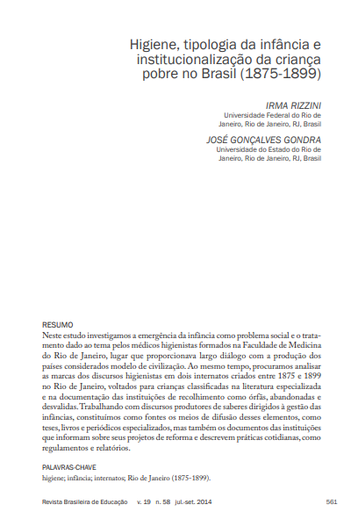Higiene, tipologia da infância e institucionalização da criança pobre no Brasil (1875-1899)