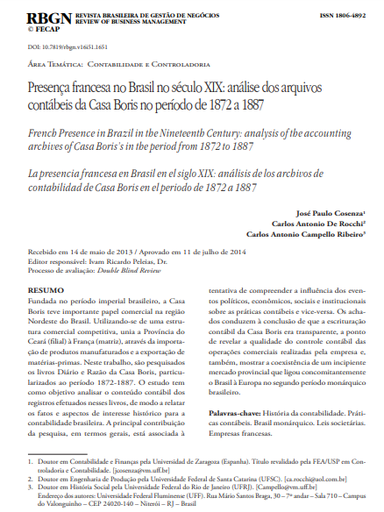 Presença francesa no Brasil no século XIX: análise dos arquivos contábeis da Casa Boris no período de 1872 a 1887