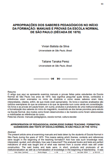 Apropriações dos saberes pedagógicos no início da formação: manuais e provas da Escola Normal de São Paulo (década de 1870)