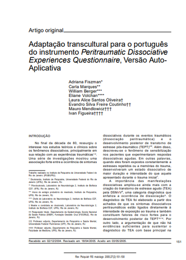 Adaptação transcultural para o português do instrumento Peritraumatic Dissociative Experiences Questionnaire, Versão Auto-Aplicativa