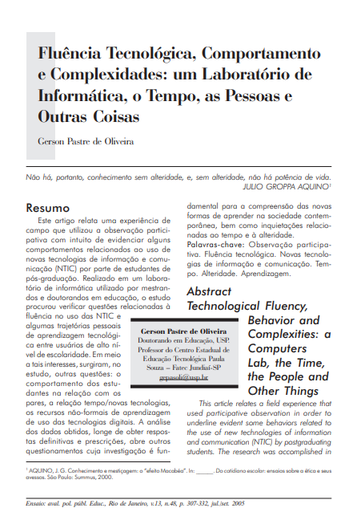 Fluência tecnológica, comportamento e complexidades: um laboratório de informática, o tempo, as pessoas e outras coisas