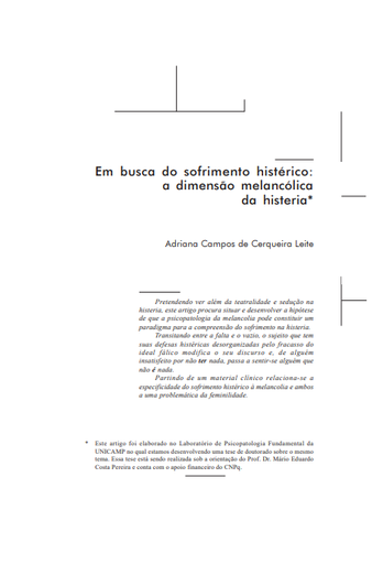 Em busca do sofrimento histérico: a dimensão melancólica da histeria