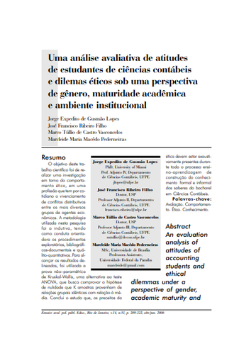 Uma análise avaliativa de atitudes de estudantes de ciências contábeis e dilemas éticos sob uma perspectiva de gênero, maturidade acadêmica e ambiente institucional