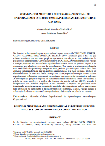 APRENDIZAGEM, MENTORIA E CULTURA ORGANIZACIONAL DE APRENDIZAGEM: O ESTUDO DO CASO DA PERFORMANCE CONSULTORIA E AUDITORIA