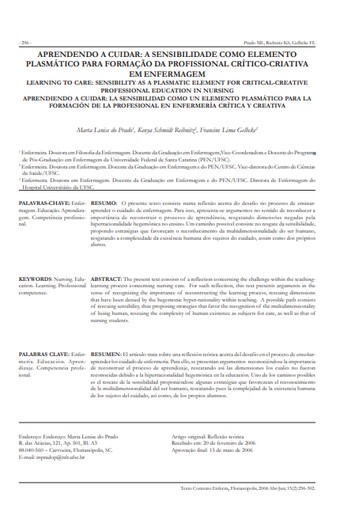Aprendendo a cuidar: a sensibilidade como elemento plasmático para formação da profissional crítico-criativa em enfermagem
