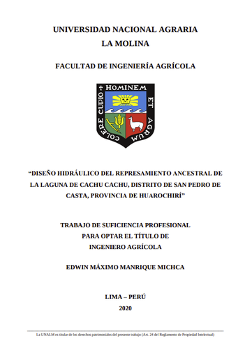 Diseño hidráulico del represamiento ancestral de la laguna de Cachu Cachu, Distrito de San Pedro de Casta