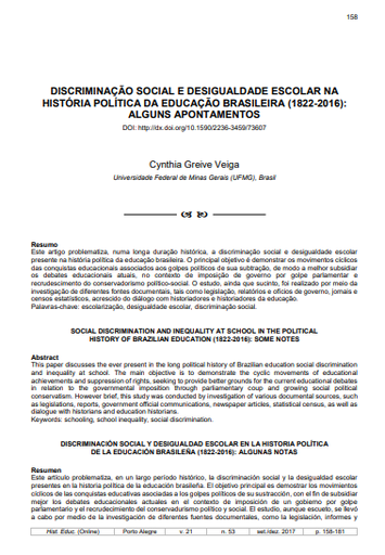 DISCRIMINAÇÃO SOCIAL E DESIGUALDADE ESCOLAR NA HISTÓRIA POLÍTICA DA EDUCAÇÃO BRASILEIRA (1822-2016): ALGUNS APONTAMENTOS