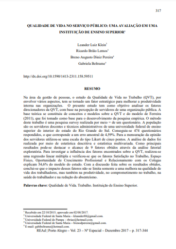 QUALIDADE DE VIDA NO SERVIÇO PÚBLICO: UMA AVALIAÇÃO EM UMA INSTITUIÇÃO DE ENSINO SUPERIOR