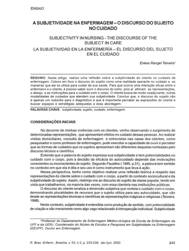 A subjetividade na enfermagem: o discurso do sujeito no cuidado