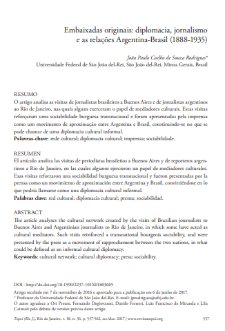 Embaixadas originais: diplomacia, jornalismo e as relações Argentina-Brasil (1888-1935)