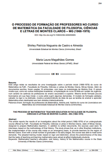 O PROCESSO DE FORMAÇÃO DE PROFESSORES NO CURSO DE MATEMÁTICA DA FACULDADE DE FILOSOFIA, CIÊNCIAS E LETRAS DE MONTES CLAROS - MG (1968-1978)