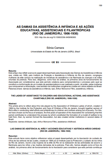 AS DAMAS DA ASSISTÊNCIA À INFÂNCIA E AS AÇÕES EDUCATIVAS, ASSISTENCIAIS E FILANTRÓPICAS (RIO DE JANEIRO/RJ, 1906-1930)