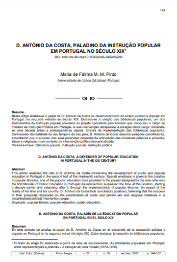 D. ANTÓNIO DA COSTA, PALADINO DA INSTRUÇÃO POPULAR EM PORTUGAL NO SÉCULO XIX