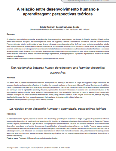 A relação entre desenvolvimento humano e aprendizagem: perspectivas teóricas