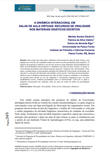 A DINÂMICA INTERACIONAL EM SALAS DE AULA VIRTUAIS: RECURSOS DE ORALIDADE NOS MATERIAIS DIDÁTICOS ESCRITOS