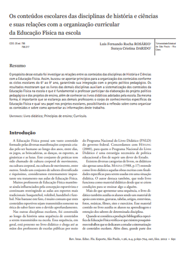 Os conteúdos escolares das disciplinas de história e ciências e suas relações com a organização curricular da Educação Física na escola