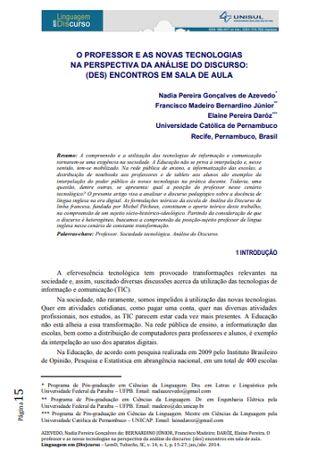 O professor e as novas tecnologias na perspectiva da análise do discurso: (des) encontros em sala de aula