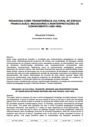 Pedagogia como transferência cultural no espaço franco-suíço: mediadores e reinterpretações de conhecimento (1850-1900)