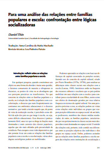 Para uma análise das relações entre famílias populares e escola: confrontação entre lógicas socializadoras