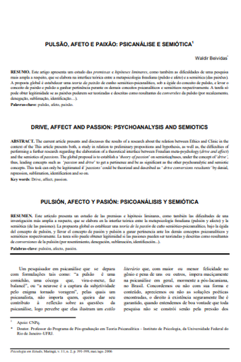 Pulsão, afeto e paixão: psicanálise e semiótica&lt;A NAME=&quot;n1&quot;&gt;&lt;/A&gt;