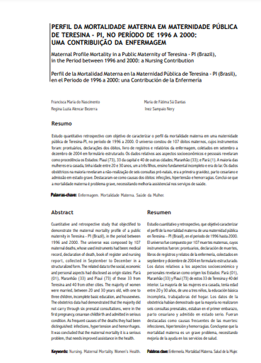 Perfil da mortalidade materna em maternidade pública de Teresina - PI, no Período de 1996 a 2000: uma Contribuição da Enfermagem