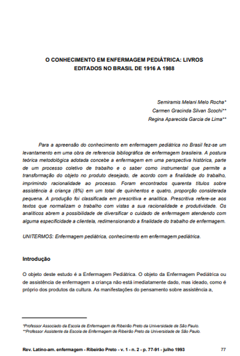 O conhecimento em Enfermagem Pediátrica: livros editados no Brasil de 1916 a 1988