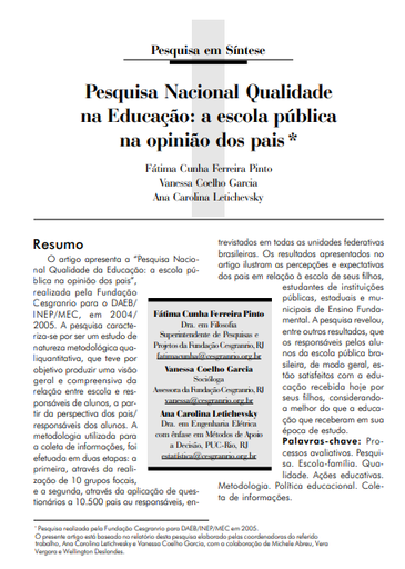Pesquisa Nacional Qualidade na Educação: a escola pública na opinião dos pais