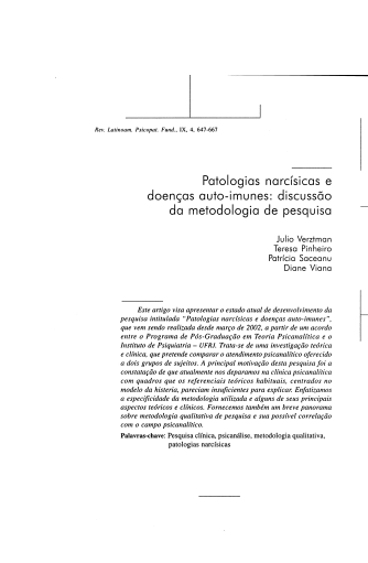 Patologias narcísicas e doenças auto-imunes: discussão da metodologia de pesquisa