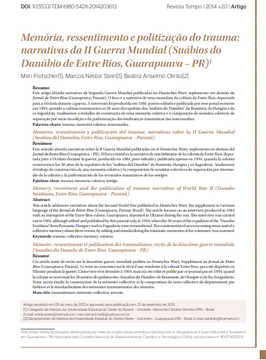 Memory, resentment and the politization of trauma: narratives of World War II (Danube Swabians, Entre Rios, Guarapuava - Paraná)