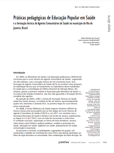 Práticas pedagógicas de Educação Popular em Saúde e a formação técnica de Agentes Comunitários de Saúde no município do Rio de Janeiro, Brasil