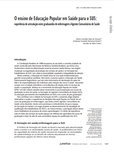 O ensino de Educação Popular em Saúde para o SUS: experiência de articulação entre graduandos de enfermagem e Agentes Comunitários de Saúde