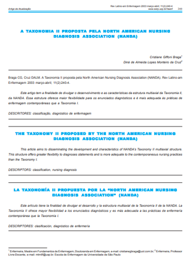 A Taxonomia II proposta pela North American Nursing Diagnosis Association (NANDA)