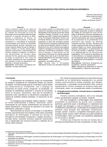 Assistência de enfermagem em serviço pré-hospitalar e remoção aeromédica