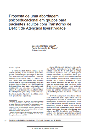 Proposta de uma abordagem psicoeducacional em grupos para pacientes adultos com Transtorno de Déficit de Atenção/Hiperatividade