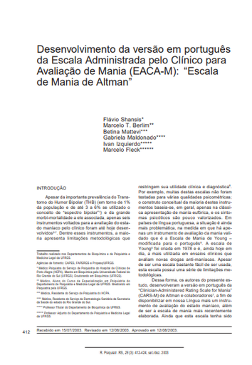 Desenvolvimento da versão em português da Escala Administrada pelo Clínico para Avaliação de Mania (EACA-M): &quot;Escala de Mania de Altman&quot;