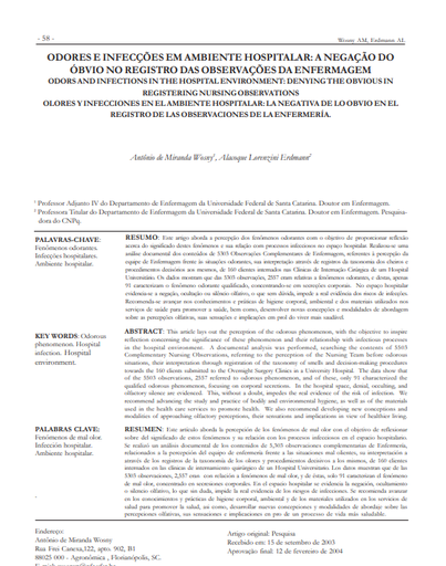 Odores e infecções em ambiente hospitalar: a negação do óbvio no registro das observações da enfermagem