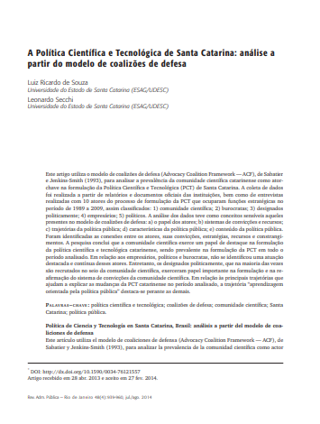 A Política Científica e Tecnológica de Santa Catarina: análise a partir do modelo de coalizões de defesa