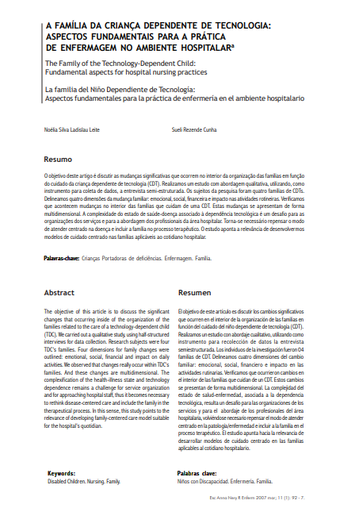 A família da Criança Dependente de Tecnologia: aspectos fundamentais para a prática de enfermagem no ambiente hospitalar