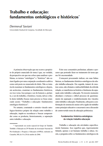 Trabalho e educação: fundamentos ontológicos e históricos