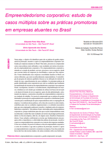 Empreendedorismo corporativo: estudo de casos múltiplos sobre as práticas promotoras em empresas atuantes no Brasil